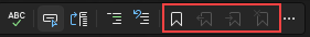 Screenshot von Textmarkenbefehlen und Symbolen in der Text-Editor-Symbolleiste in Visual Studio.
