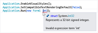Screenshot der Fehlermeldung bei Mouseover in Visual Studio.