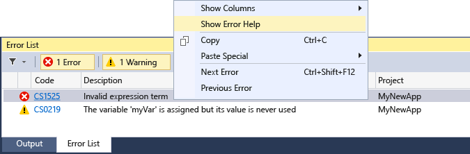 Screenshot der Bing-Fehlerliste von Visual Studio.