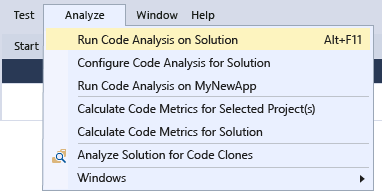 Screenshot des Visual Studio Code Analysis-Menüelements.
