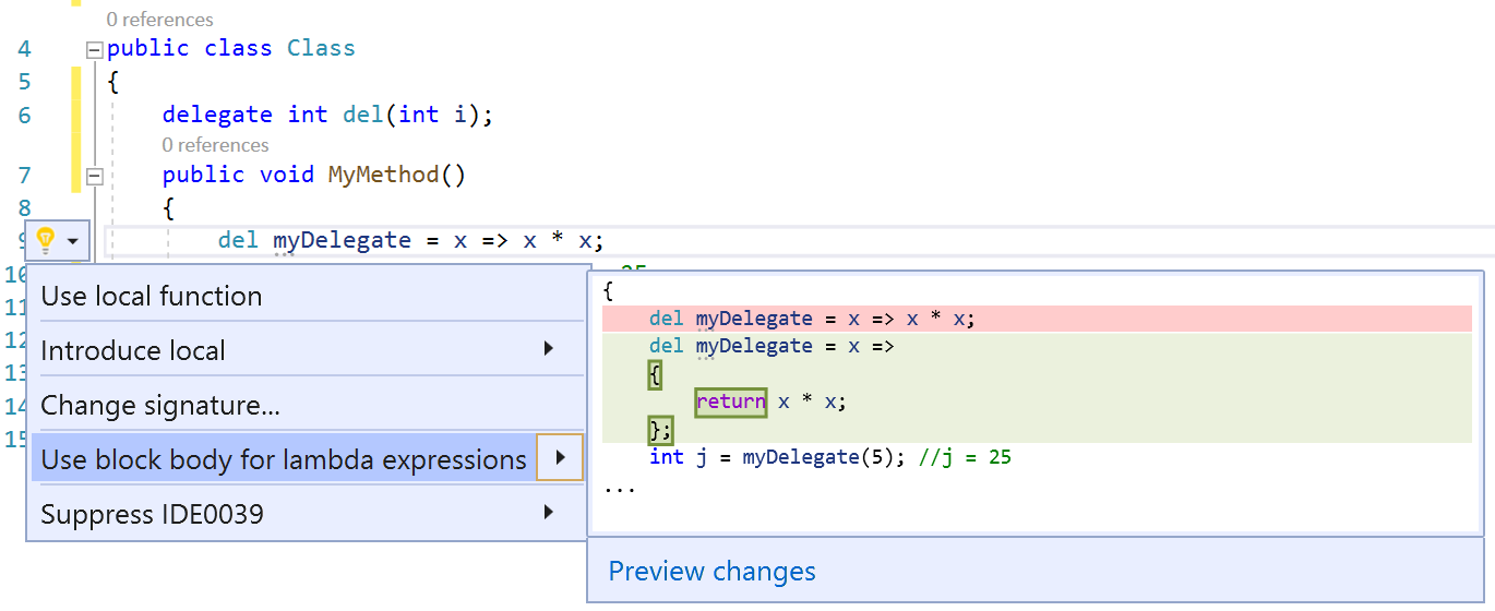 Screenshot der Verwendung des Lambda-Ausdrucks/Blocktexts.