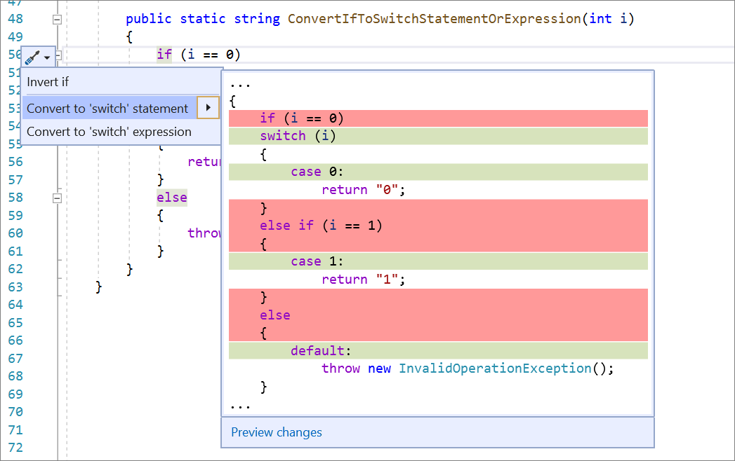 Screenshot der Convert if-Anweisung zum Wechseln der Anweisung.