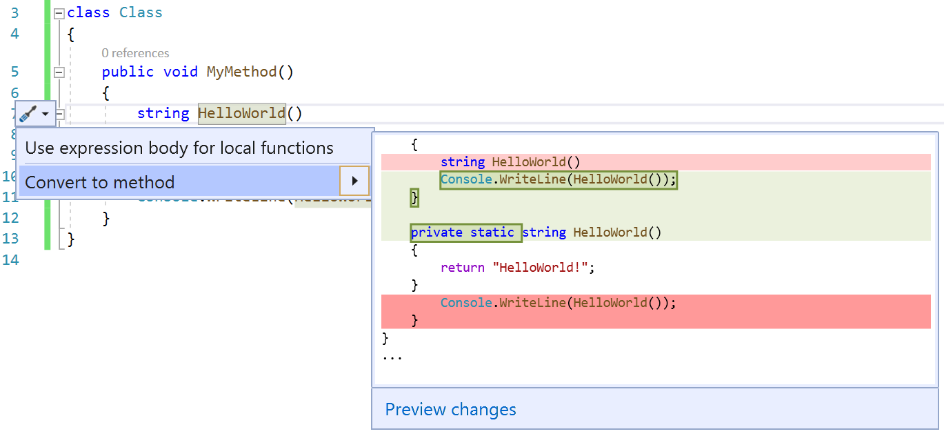 Screenshot des Beispiels zum Konvertieren der lokalen Funktion in Methodencodekorrektur.
