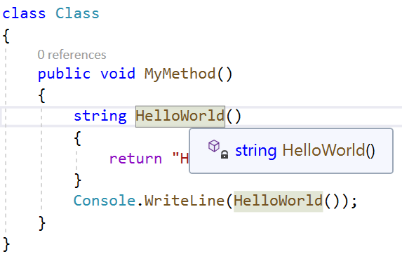 Screenshot der Konvertierung einer lokalen Funktion in ein Methodencodebeispiel.