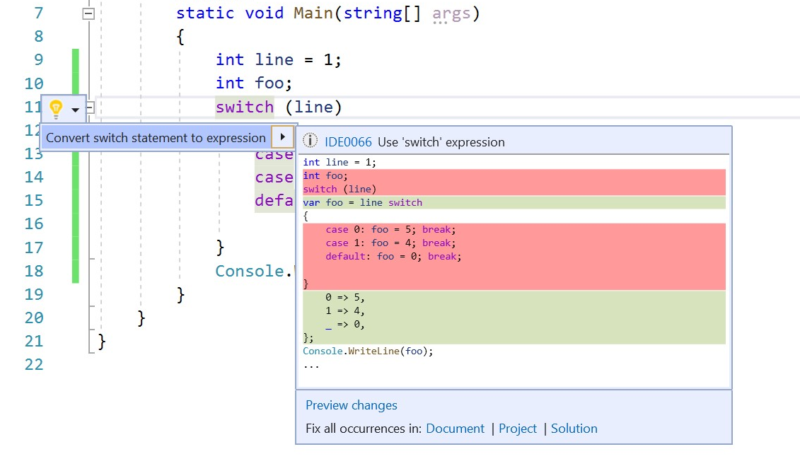 Screenshot der Convert switch-Anweisung zum Wechseln des Ausdrucks.