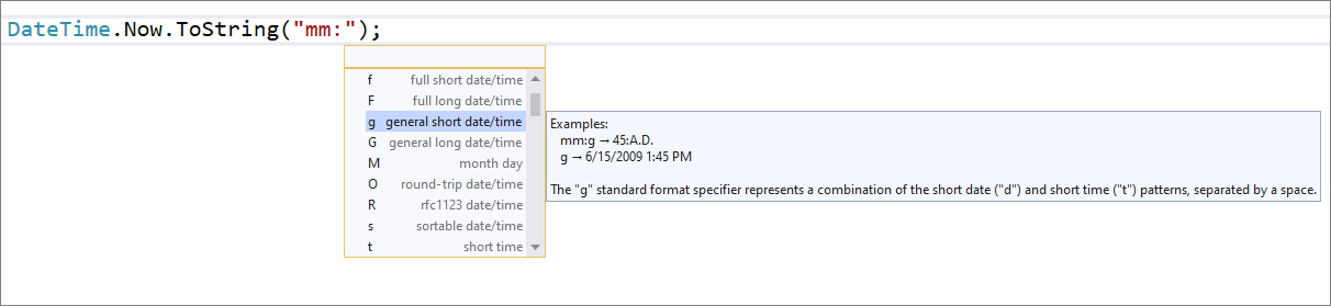 Screenshot von DateTime Completion IntelliSense.