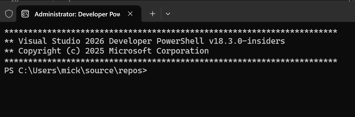 Screenshot des Entwickler-PowerShell-Tools in Visual Studio.