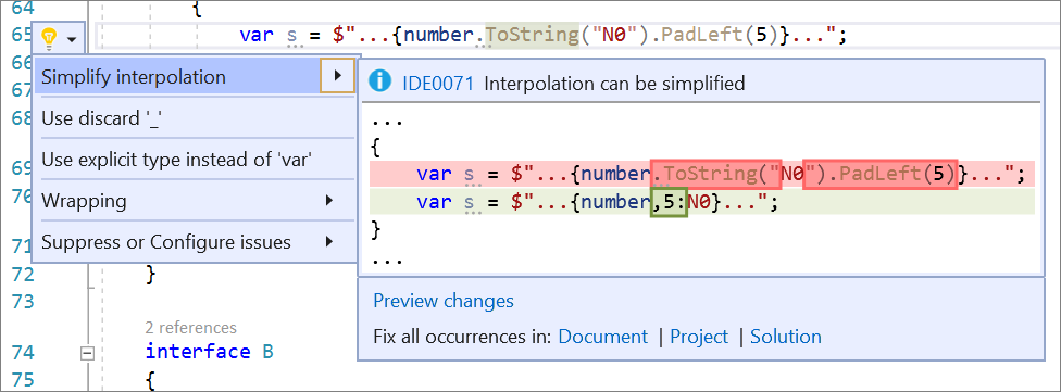 Screenshot der Vereinfachung der Zeichenfolgeninterpolation.