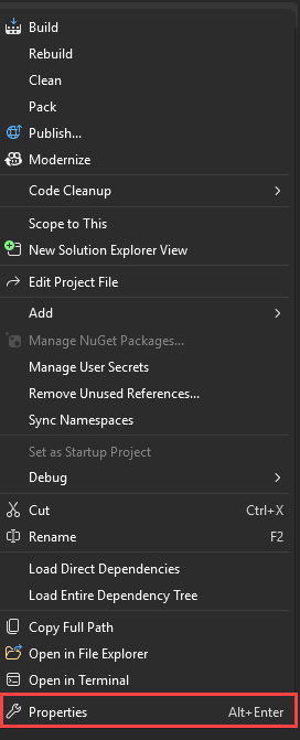 Screenshot des Kontextmenüs Projektmappen-Explorer mit der hervorgehobenen Option Eigenschaften.
