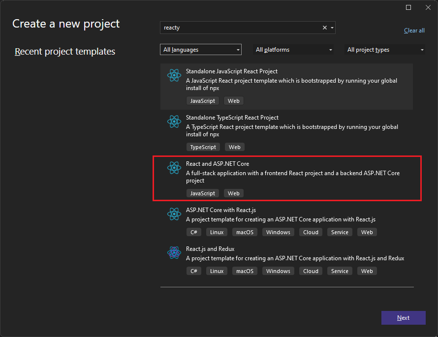 Screenshot mit der Auswahl einer Vorlage.