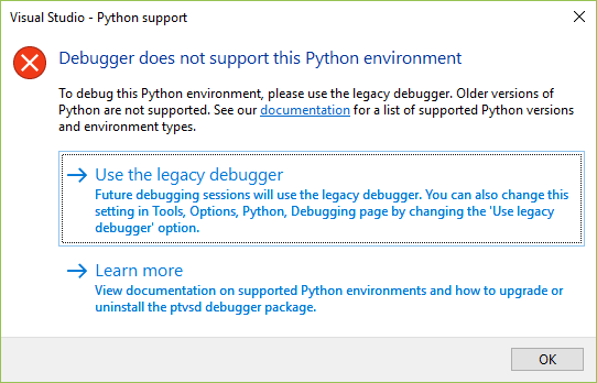 Screenshot der Debugger-Fehlermeldung Debugger unterstützt diese Python-Umgebung nicht.