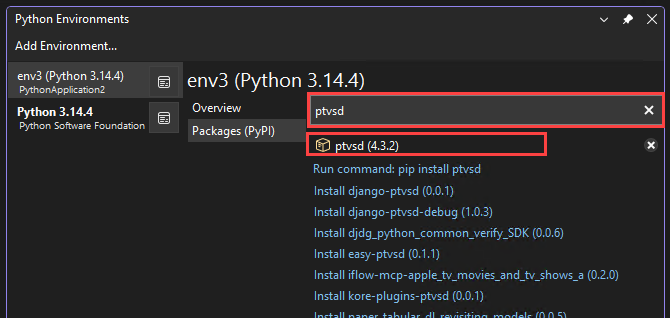 Screenshot, das zeigt, wie Sie die ptvsd-Version im Fenster Python-Umgebungen überprüfen.
