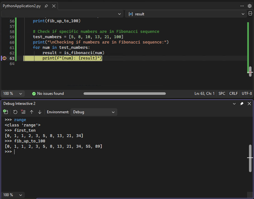 Screenshot, der zeigt, wie Sie mit dem interaktiven Debugfenster von Python in Visual Studio arbeiten.