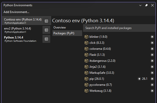Screenshot mit den aktuellen Paketen für die ausgewählte Umgebung im Fenster Python Umgebungen.