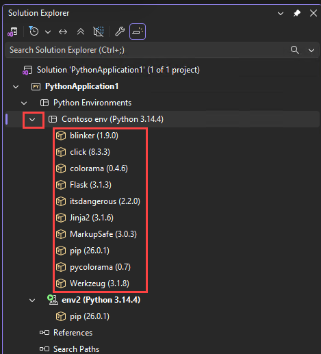 Screenshot, der die Python-Pakete für eine Umgebung im Projektmappen-Explorer in Visual Studio zeigt.