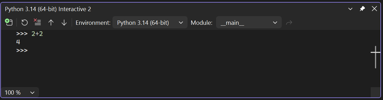 Screenshot, der zeigt, wie Die Python-Unterstützung mithilfe des interaktiven Fensters getestet wird.