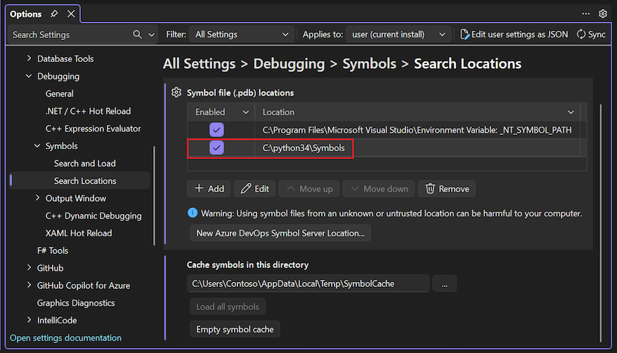Screenshot, der zeigt, wie Sie den Speicherort der Python-Debuggersymbole für gemischten Modus angeben.