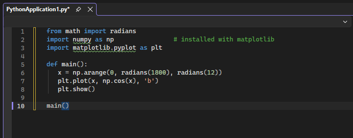 Screenshot, der zeigt, wie Visual Studio spezielle Formatierungen verwendet, um anzugeben, dass die Matplotlib-Import-Anweisung nicht aufgelöst ist.