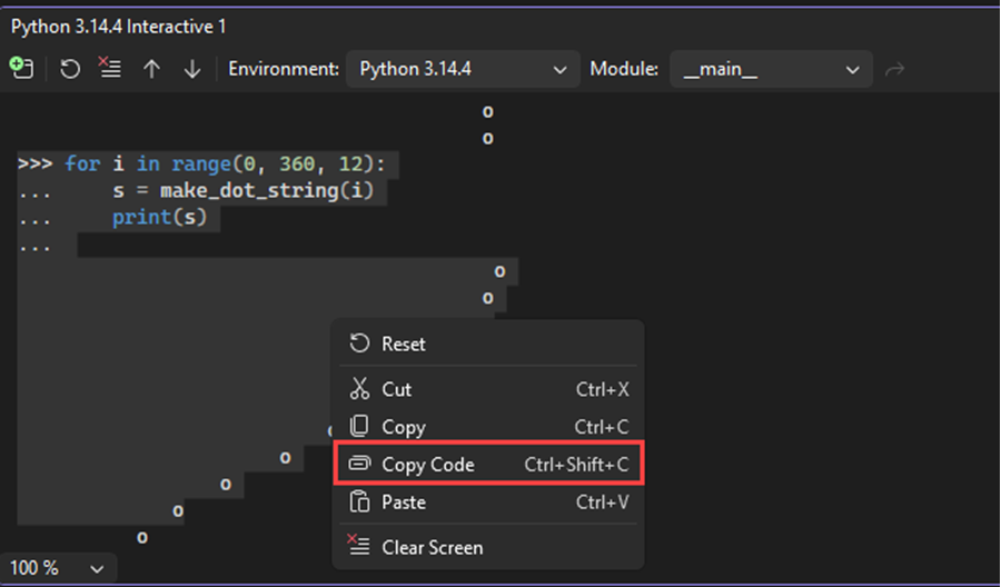 Screenshot des Befehls „Interaktives Fenster kopieren“ in einer Auswahl, die Eingabeaufforderungen und Ausgaben in Visual Studio enthält.