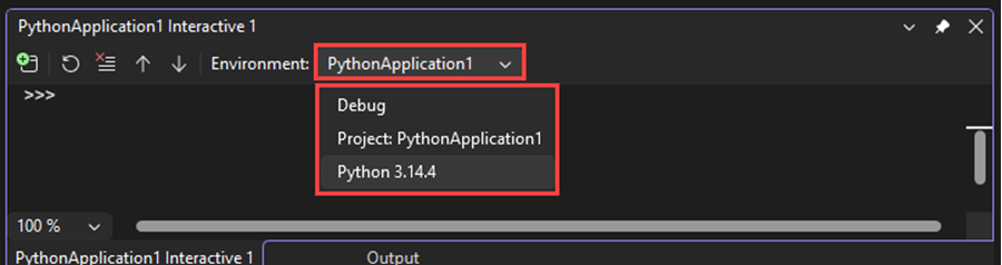 Screenshot, der zeigt, wie Sie den Python-Dolmetscher aus der Dropdownliste 
