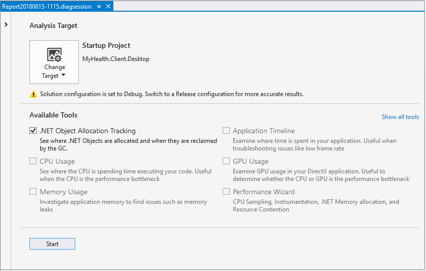 Startseite des Performance Profiler