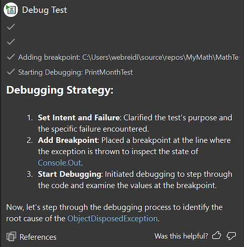 GitHub Copilot Chat mit Debugplan und nächsten Schritten