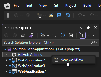 Erstellen eines neuen GitHub-Aktionsworkflows aus dem Projektmappen-Explorer