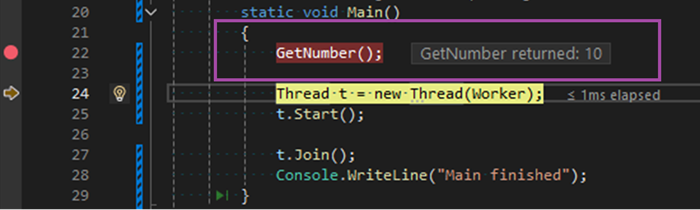 Screenshot mit Inline-Post-Return-Werten, die im Debugger neben Funktionsaufrufen angezeigt werden