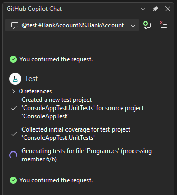 Screenshot der Copilot-Starttestgenerierung.