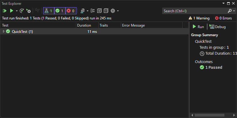 Screenshot zeigt Test-Explorer nach ausführung von Tests in Visual Studio 2022.