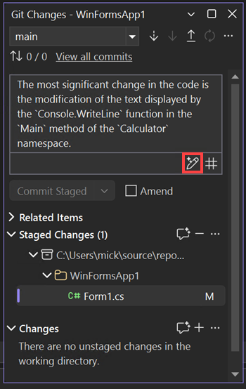 Screenshot mit KI-generierter Commit-Nachricht.