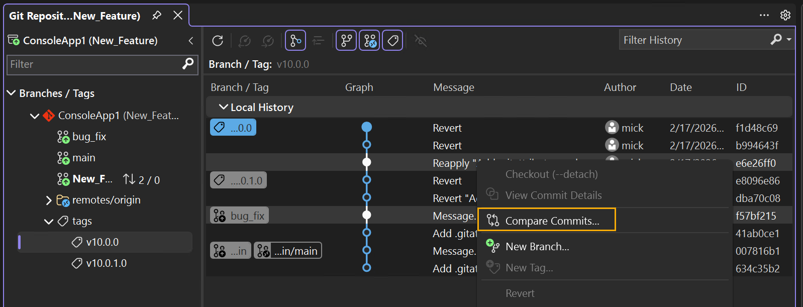 Screenshot, wie man zwei Commits vergleicht.