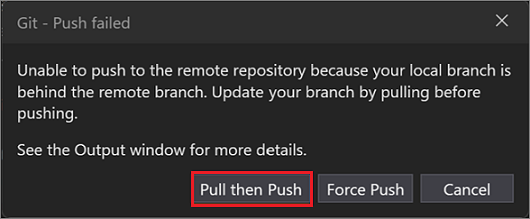 Screenshot der verfügbaren Optionen, wenn sich die lokale Verzweigung hinter der Remote-Verzweigung befindet.