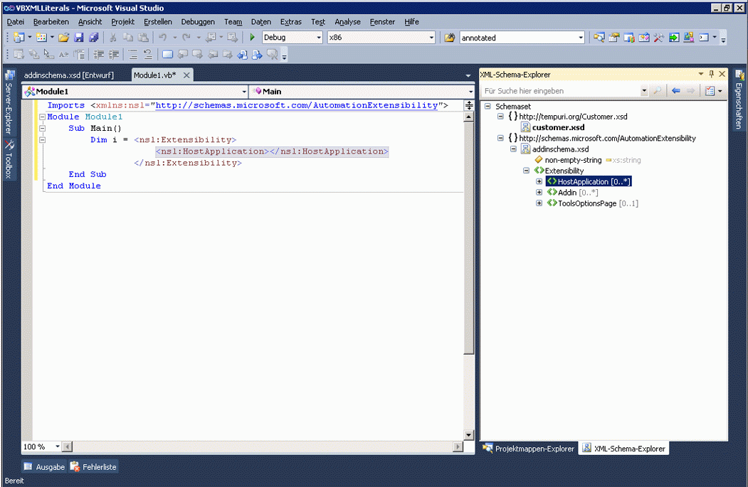 Screenshot eines Visual Basic-Projektfensters, das zeigt, dass der XML-Schema-Explorer und der Projektmappen-Explorer im rechten Bereich geöffnet wurden.
