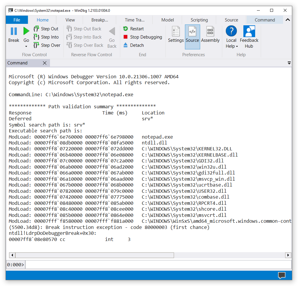 Screenshot von WinDbg mit geöffnetem Editor.