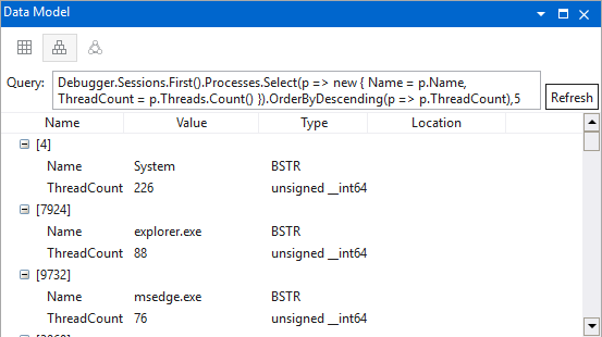 Screenshot des Fensters zur Erkundung des Datenmodells, das Prozesse und Threads anzeigt.