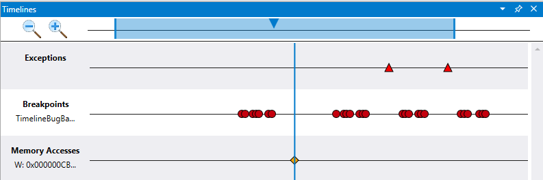 Screenshot einer Zeitachse im Debugger mit dem oberen Bereich, der zum Auswählen der aktiven Ansicht verwendet wird.