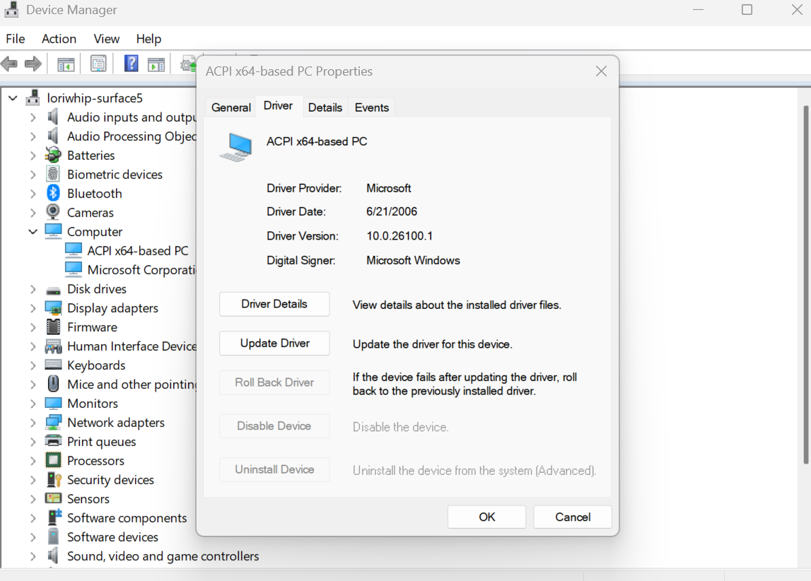 Screenshot der Eigenschaften des ACPI x64-basierten PC-Treibers.