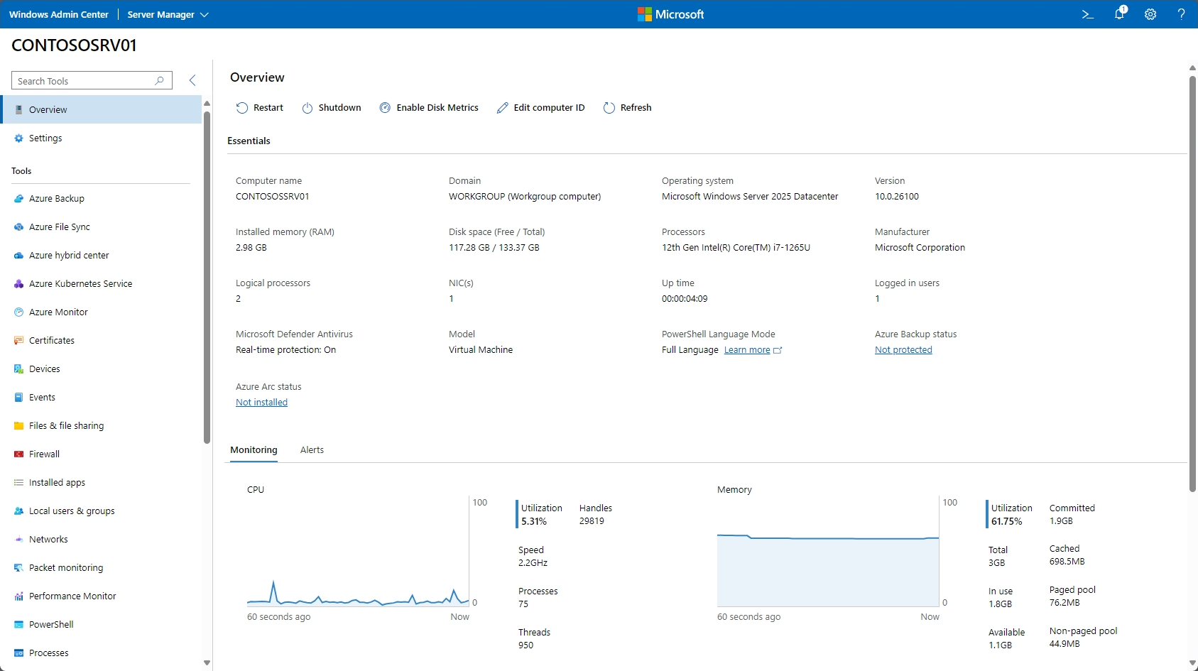 Screenshot des Windows Admin Center-Verwaltungsdashboards.