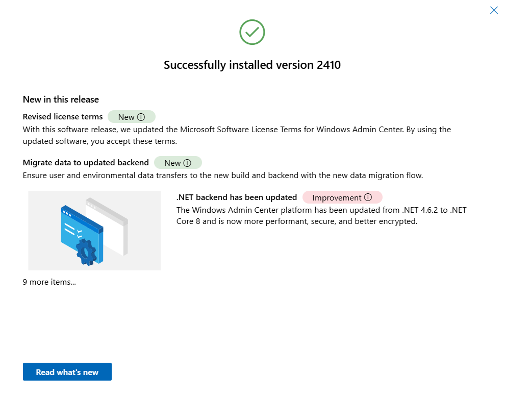 Screenshot der Meldung, die eine erfolgreiche Installation von Windows Admin Center zeigt.