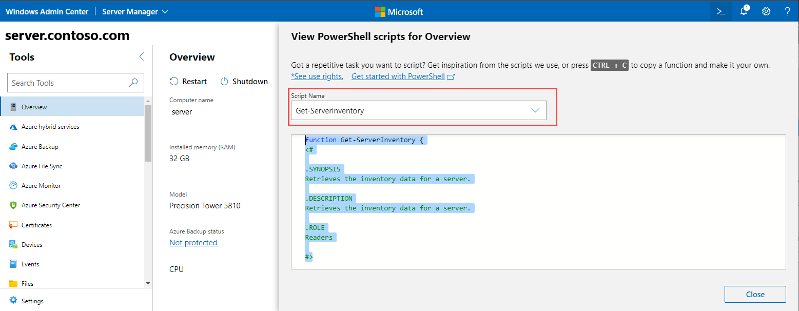 Screenshot der Seite zum Anzeigen von PowerShell-Skripts für eine Übersicht.