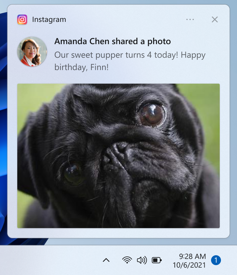 Ein zugeschnittener Screenshot des Desktops zeigt eine Benachrichtigung mit einem Inlinebild.