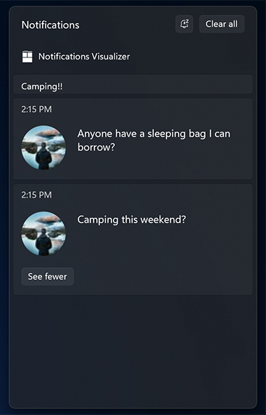 Screenshot eines Aktionscenters mit mehreren Benachrichtigungen für die Anwendung Notifications Viewer unter einer Kopfzeile mit der Bezeichnung 
