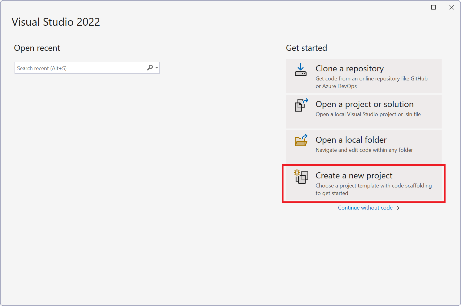 Screenshot des Visual Studio Startfensters.