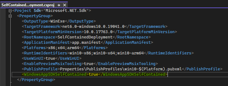 Screenshot, der die Eigenschaft WindowsAppSDKSelfContained in einer Projektdatei zeigt.