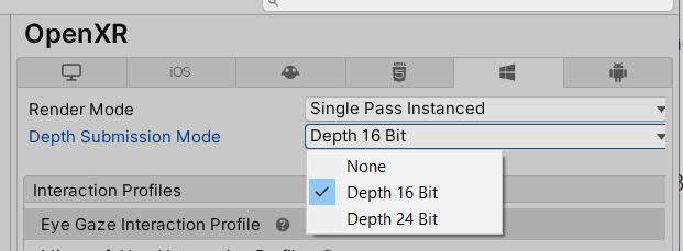 Screenshot der für „Depth Submission Mode“ (Tiefenübermittlungsmodus) ausgewählten Option „Depth 16&nbsp;Bit“ (Tiefe: 16&nbsp;Bit)
