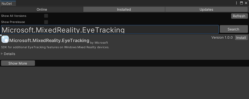 Screenshot des Eye Tracking SDK-NuGet-Pakets.