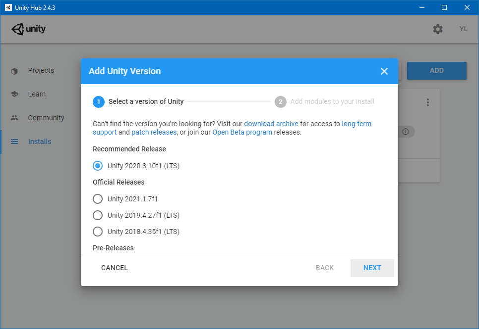 Unity Hub: Installieren der neuen Version