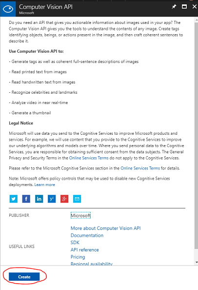 Screenshot: Beschreibung des API-Diensts für maschinelles Sehen