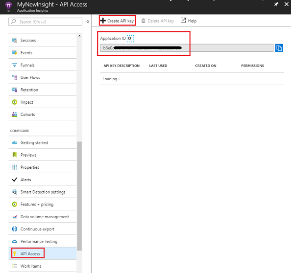 Screenshot: Dienstfunktionen mit hervorgehobenem AP I-Zugriff Der AP I-Schlüssel erstellen und die Anwendungs-ID sind im Bereich Standard hervorgehoben.